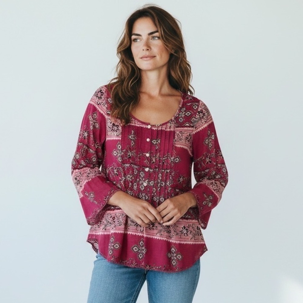 Denim & Supply Ralph Lauren Pink Floral Pintuck Boho Blouse S Cotton Gauze